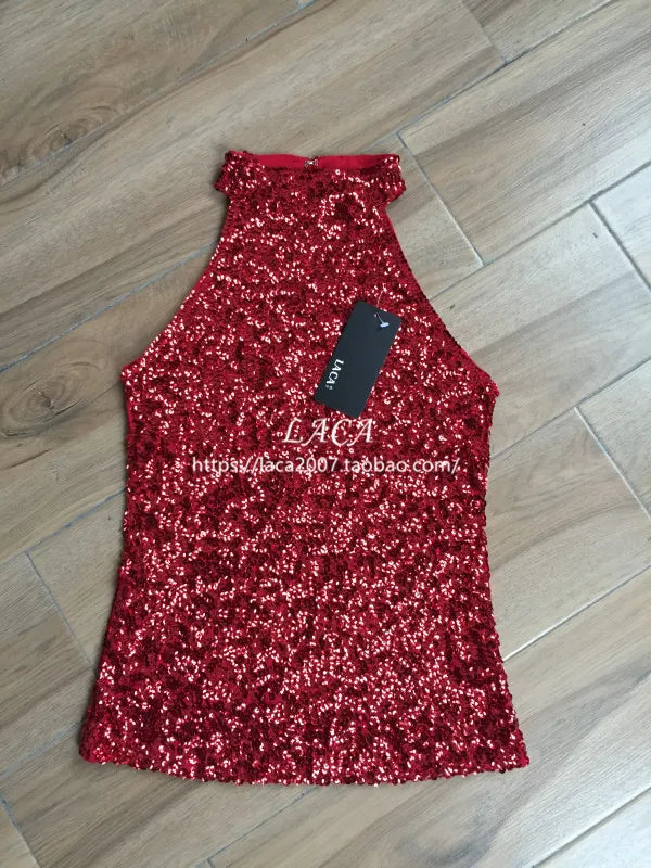 Sequins Women Fashion Shimmer Flashy Embellished High Quality Halter Neck Sleeveless Vest Sexy Tank Top Clubwear Stage Perform
