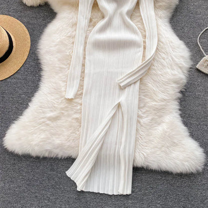 SINGREINY Women Korean Knitted Dress Long Sleeve V Neck Elastic Slim Pencil Dresses 2021 Autumn Sexy Bodycon Split Sweater Dress