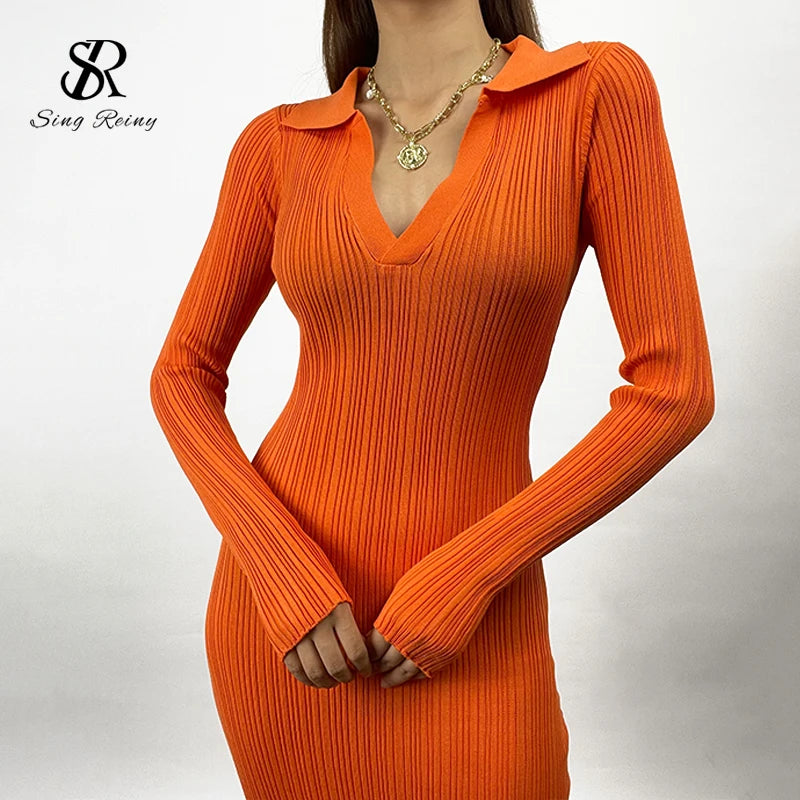 SINGREINY Women Korean Knitted Dress Long Sleeve V Neck Elastic Slim Pencil Dresses 2021 Autumn Sexy Bodycon Split Sweater Dress