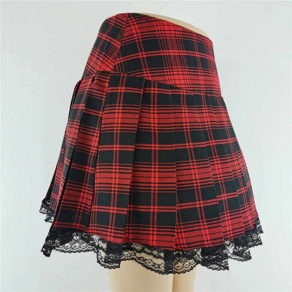 New Contrast Lace Plaid Pleated Skirt Vintage Sexy Skater Clothes Harajuku Gothic Punk England Style Y2k Skirt