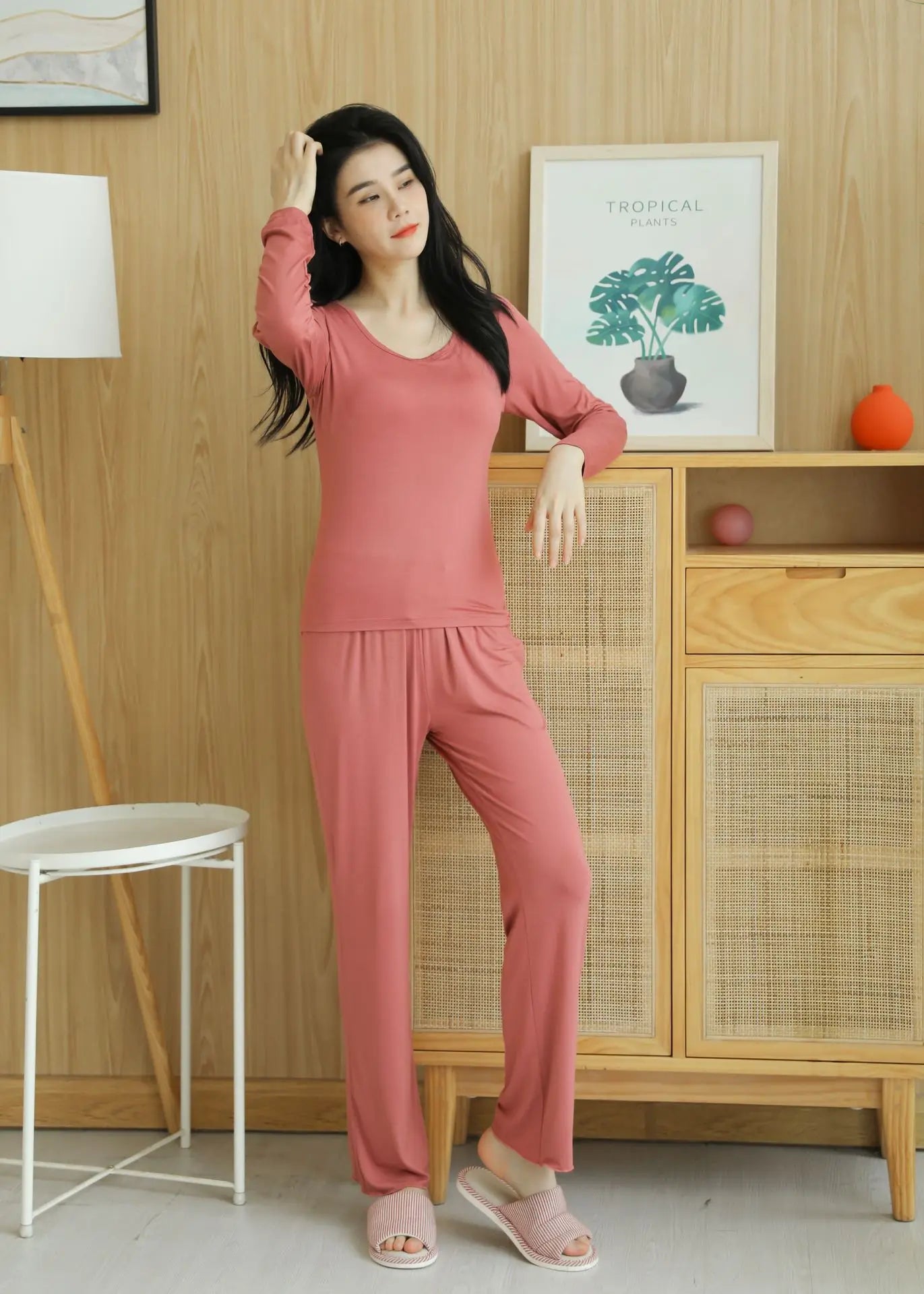 Pijama Feminino New Long Sleeve Trousers Set Modal Cotton Sleepwear Women Casual Bra Padded Winter Underwear Suit Female