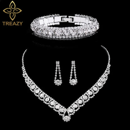 TREAZY Silver Color Rhinestone Crystal Bridal Jewelry Sets for Women Necklace Earrings Bracelet Set Wedding Jewelry Accessories style 2 Clear