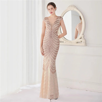 DEERVEADO Elegant V Neck Mermaid Evening Dress Long Luxury Beads Women Evening Party Dresses 2025 New Formal Dress 19085 Badiee Stylez