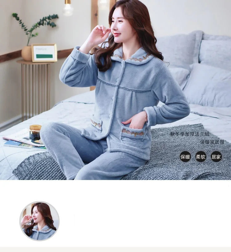 Autumn Winter Thicken Flannel Women Pajamas Set Two-piece suit Warm Loose Long-sleeve Female Casual Home service Single-breasted