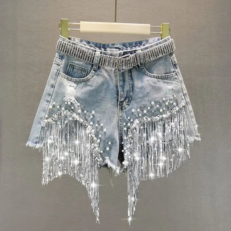 Summer Elegant Shorts Lady Tassel Beading High Waist Wide Leg Denim Shorts Female Casual Solid Shorts Jeans for Women Clothing