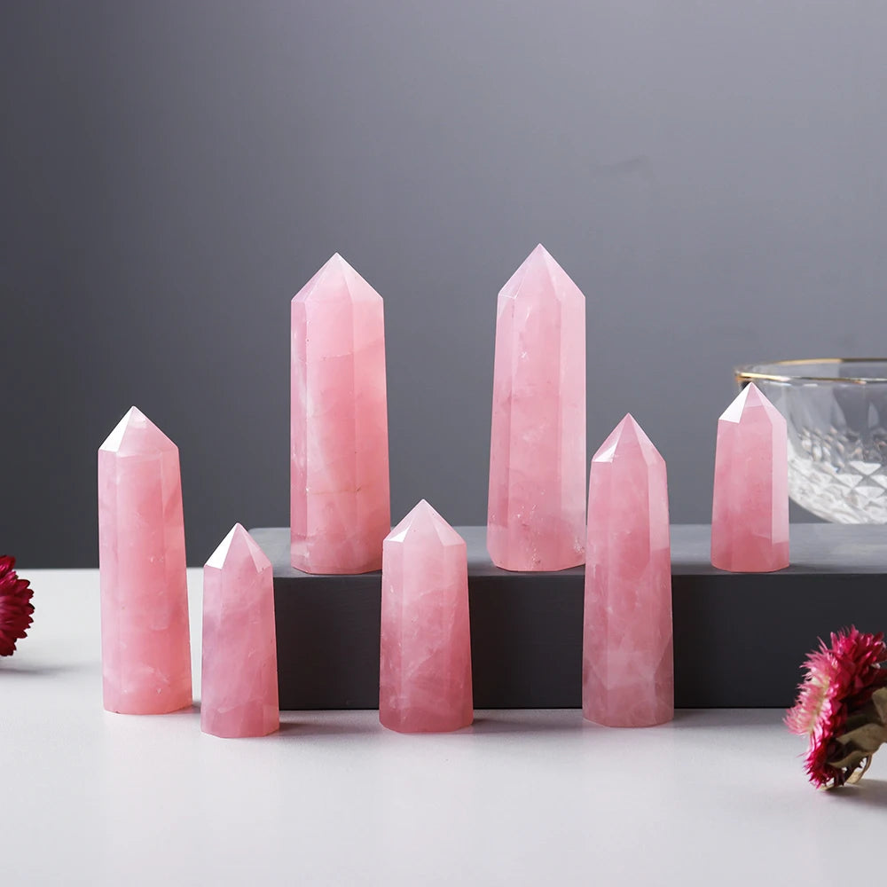 Natural Pink Crystal Point Rose Quartz Crystal hexagonal prism ornament magic wand Healing Gemstone Crystal Tower Badiee Stylez