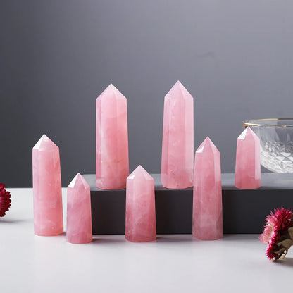 Natural Pink Crystal Point Rose Quartz Crystal hexagonal prism ornament magic wand Healing Gemstone Crystal Tower Badiee Stylez