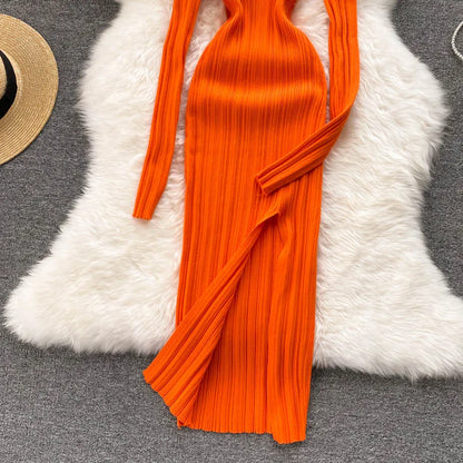 SINGREINY Women Korean Knitted Dress Long Sleeve V Neck Elastic Slim Pencil Dresses 2021 Autumn Sexy Bodycon Split Sweater Dress