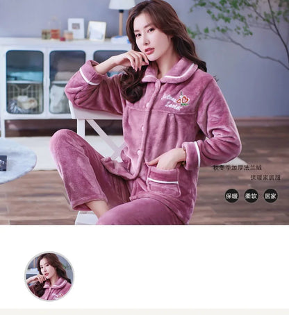 Autumn Winter Thicken Flannel Women Pajamas Set Two-piece suit Warm Loose Long-sleeve Female Casual Home service Single-breasted