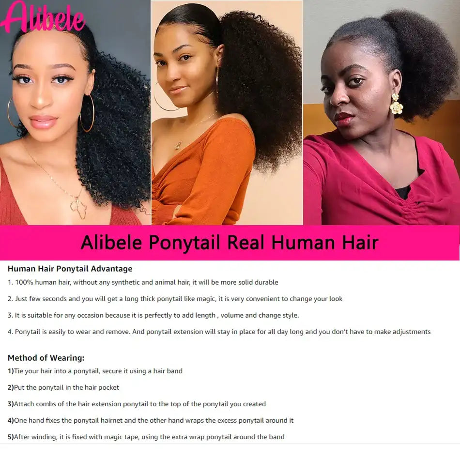 Alibele Mogolian Afro Kinky Curly Drawstring Ponytail Human Hair Extensions 4B 4C Remy 10-28inch Long Clip In Ponytail Extension