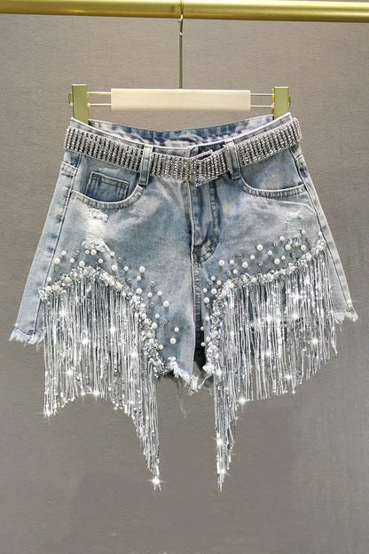 Summer Elegant Shorts Lady Tassel Beading High Waist Wide Leg Denim Shorts Female Casual Solid Shorts Jeans for Women Clothing