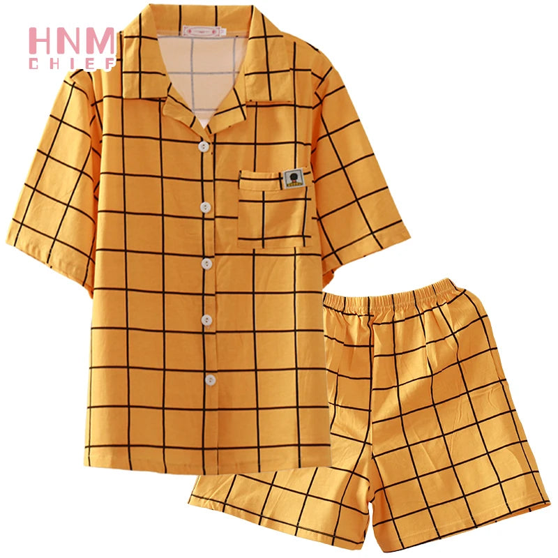 Women's Pyjamas Cute Lattice Print Pajama Sets Summer Casual Short Sleeve Couple Sleepwear Thin Cotton Home Maiden 2-piece Set