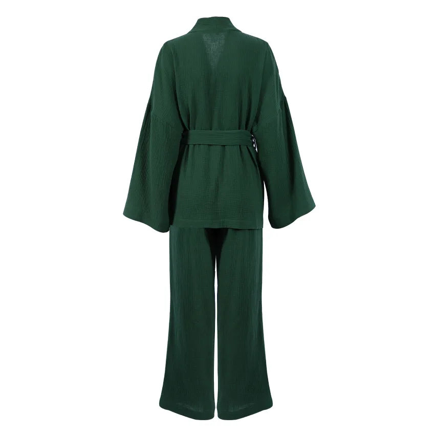 NHKDSASA Kimono Pajamas 2023 New 100% Cotton Crepe Long-Sleeved Trousers Ladies Sleepwear Suit Women's Home Service Mujer