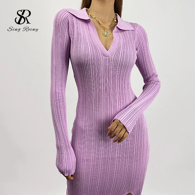SINGREINY Women Korean Knitted Dress Long Sleeve V Neck Elastic Slim Pencil Dresses 2021 Autumn Sexy Bodycon Split Sweater Dress
