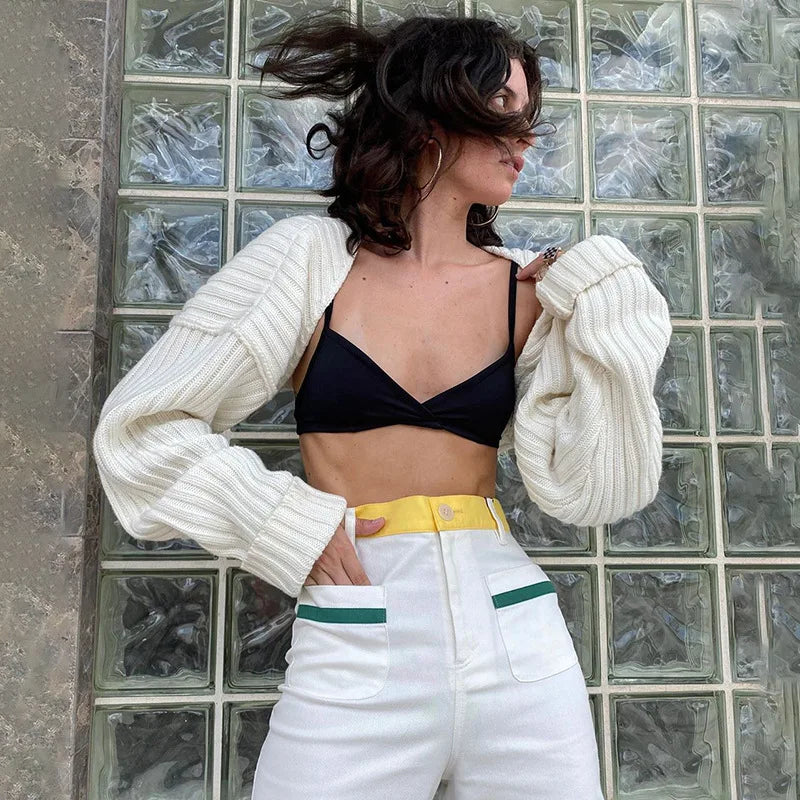 Tossy White Women Sweater Shrugs Cropped Top Full Lantern Sleeve Knitwear Pullover Sexy Summer High Street Outwear 2023 Spring