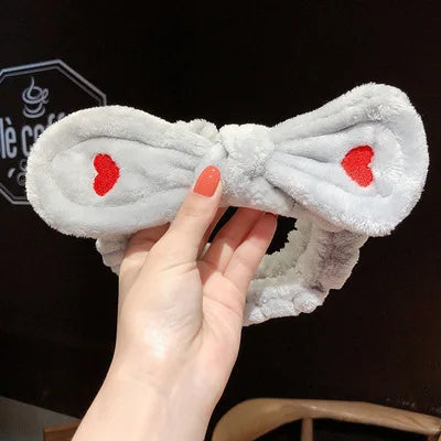 Wash Face Hair Holder Hairbands Soft Warm Coral Fleece Bow Animal Ears Headband For Women Girls Turban Fashion Hair Accessories gray heart 1