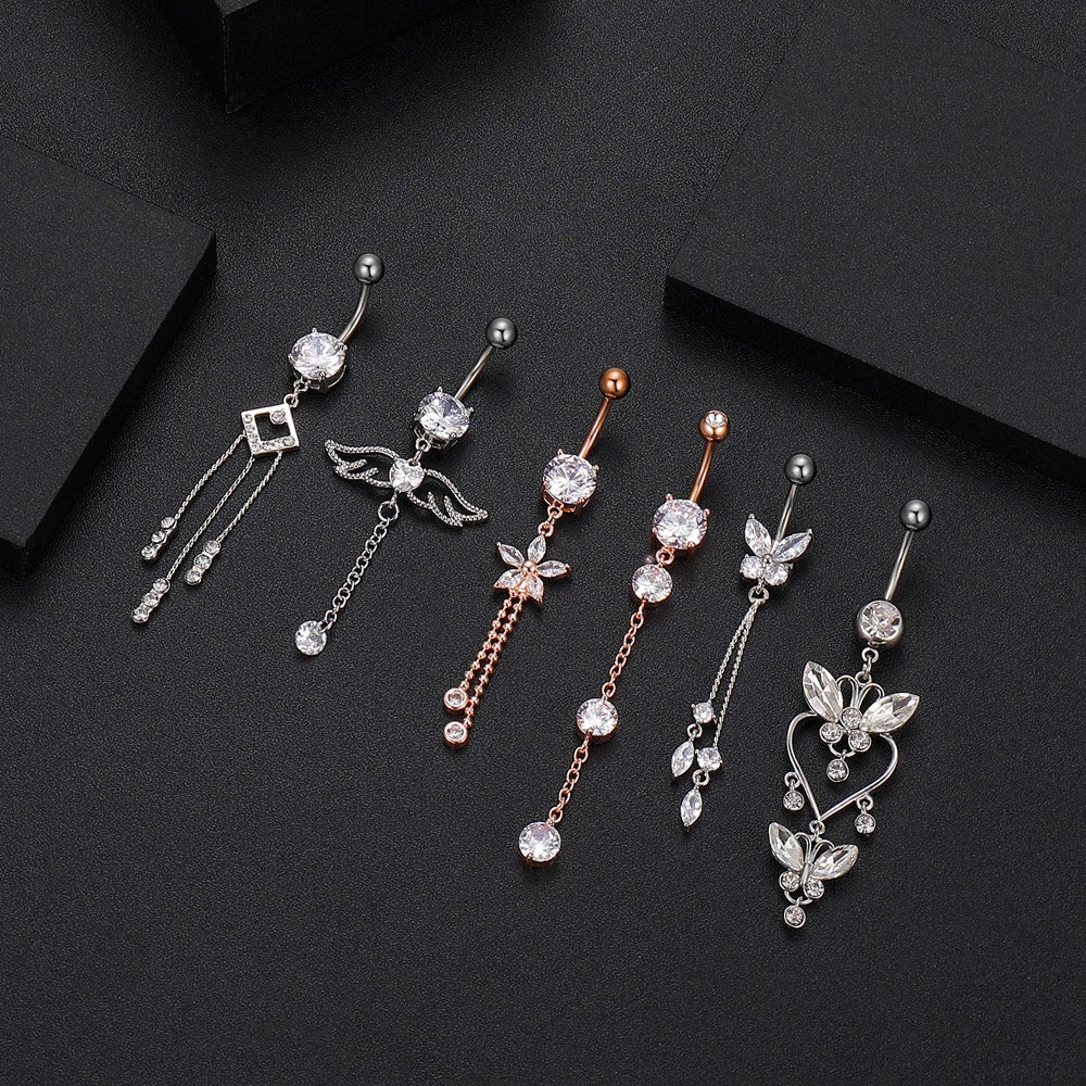 Zircon Crystal Belly Button Ring Dangle Wing Piercing Nombril Ombligo Surgical Steel Barbell Heart Round Navel Stud Body Jewelry