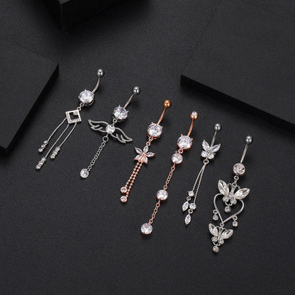 Zircon Crystal Belly Button Ring Dangle Wing Piercing Nombril Ombligo Surgical Steel Barbell Heart Round Navel Stud Body Jewelry