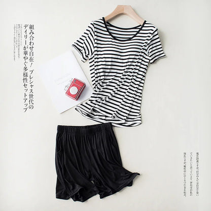 New Modal Lady Short Sleeve Pajamas Set with Bra Pad Bra One Piece Half Sleeve Shorts Striped Loose Large Size Home Wear Set black