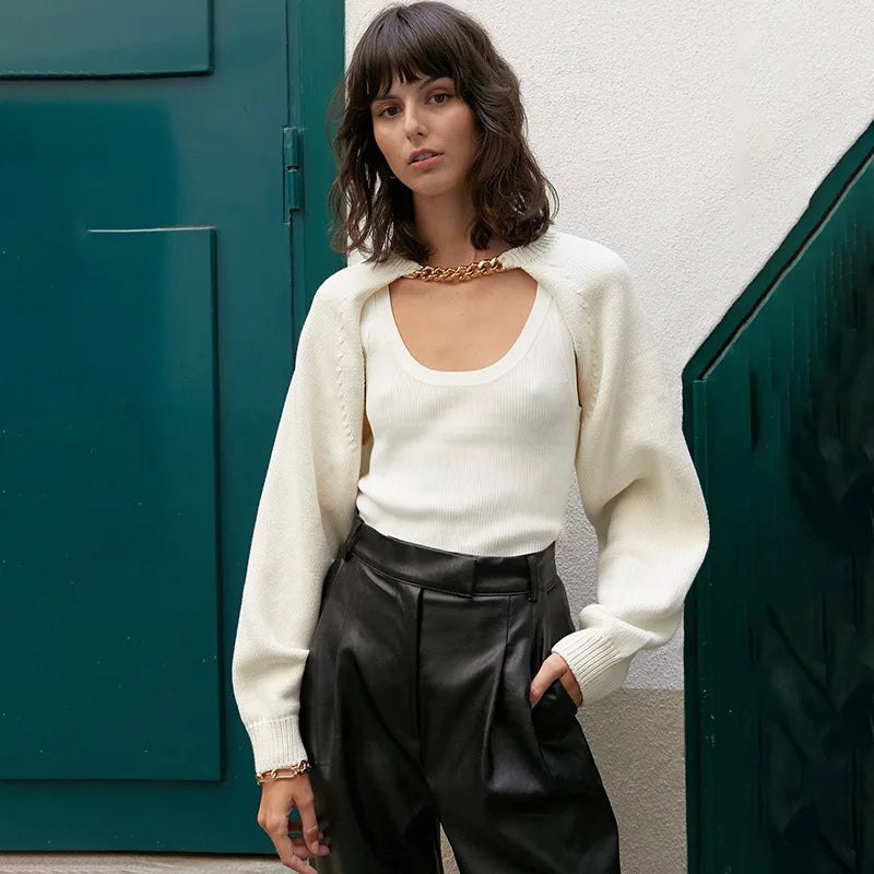 Tossy White Women Sweater Shrugs Cropped Top Full Lantern Sleeve Knitwear Pullover Sexy Summer High Street Outwear 2023 Spring