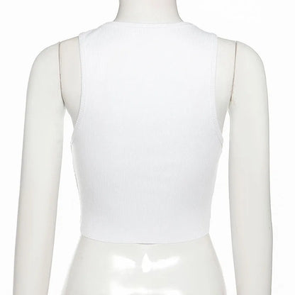 Square Collar Trendy Letter Print With Pin Buckles Tank Tops Women Skull Printed Casual Stretchy Sleeveless Crop Top