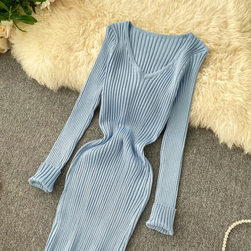 SINGRAIN Women Autumn Knitted Dress V Neck Sexy Slim Elastic Oversized Basic Bodycon Long Dress Winter knit Warm Sweater Dresses