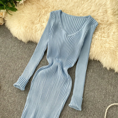 SINGRAIN Women Autumn Knitted Dress V Neck Sexy Slim Elastic Oversized Basic Bodycon Long Dress Winter knit Warm Sweater Dresses