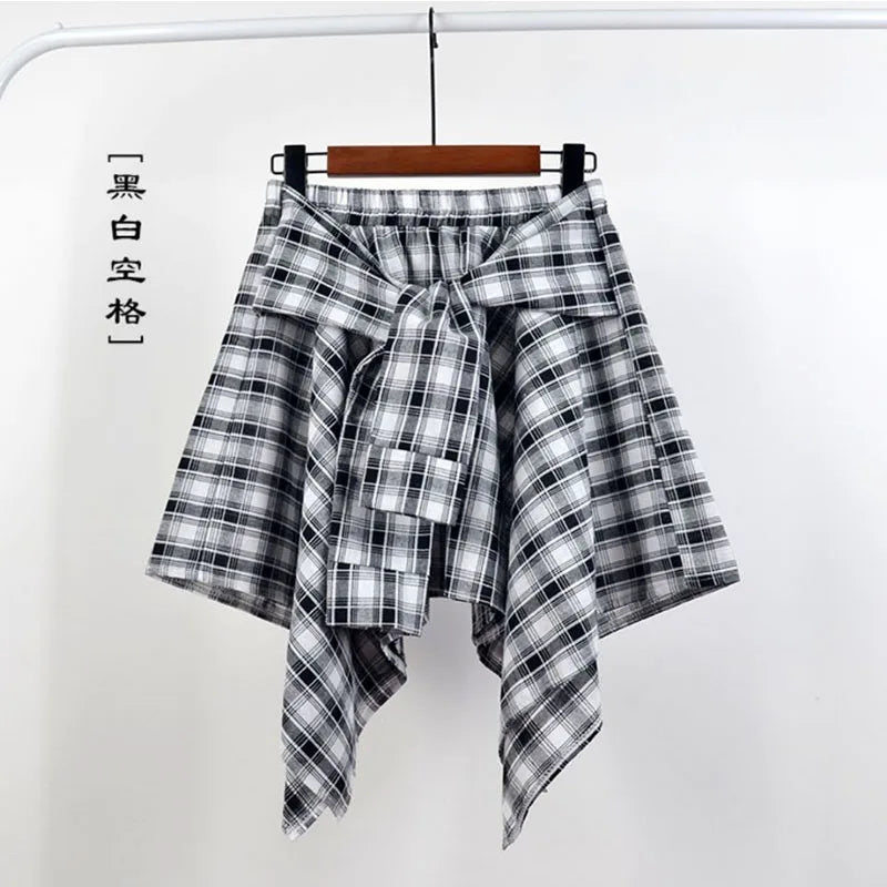 TOTRUST Fashion College Asymmetrical Skirt Women Summer Plaid Skirt Women Casual Students Fake Shirt Mini Skirt Female Saia 3 One Size