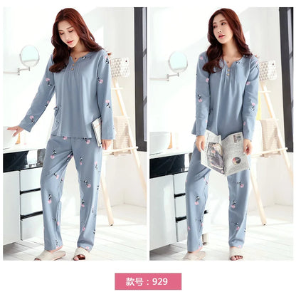 Big yards M-4XL v-neck long sleeve pajamas set for women floral print nightwear autumn cotton sleepwear nightie female pyjama