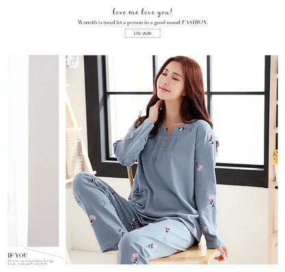 Big yards M-4XL v-neck long sleeve pajamas set for women floral print nightwear autumn cotton sleepwear nightie female pyjama