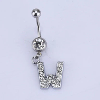 1Pc Letter Belly Button Ring Rhinestone Alphabet Pendant Navel Body Piercing Jewelry Silver Colour Nombril Piercing Gift Women W