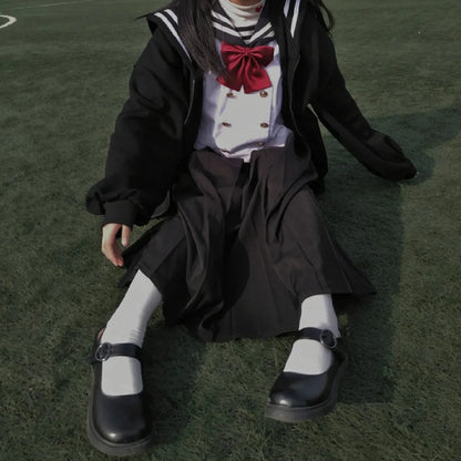 Deeptown Kawaii Zip Up Hoodies Black Japanese Preppy Style Sailor Collar Sweatshirts Sweet Lolita Coats Loose Cute Top Soft Girl