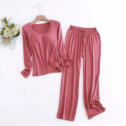 Pijama Feminino New Long Sleeve Trousers Set Modal Cotton Sleepwear Women Casual Bra Padded Winter Underwear Suit Female