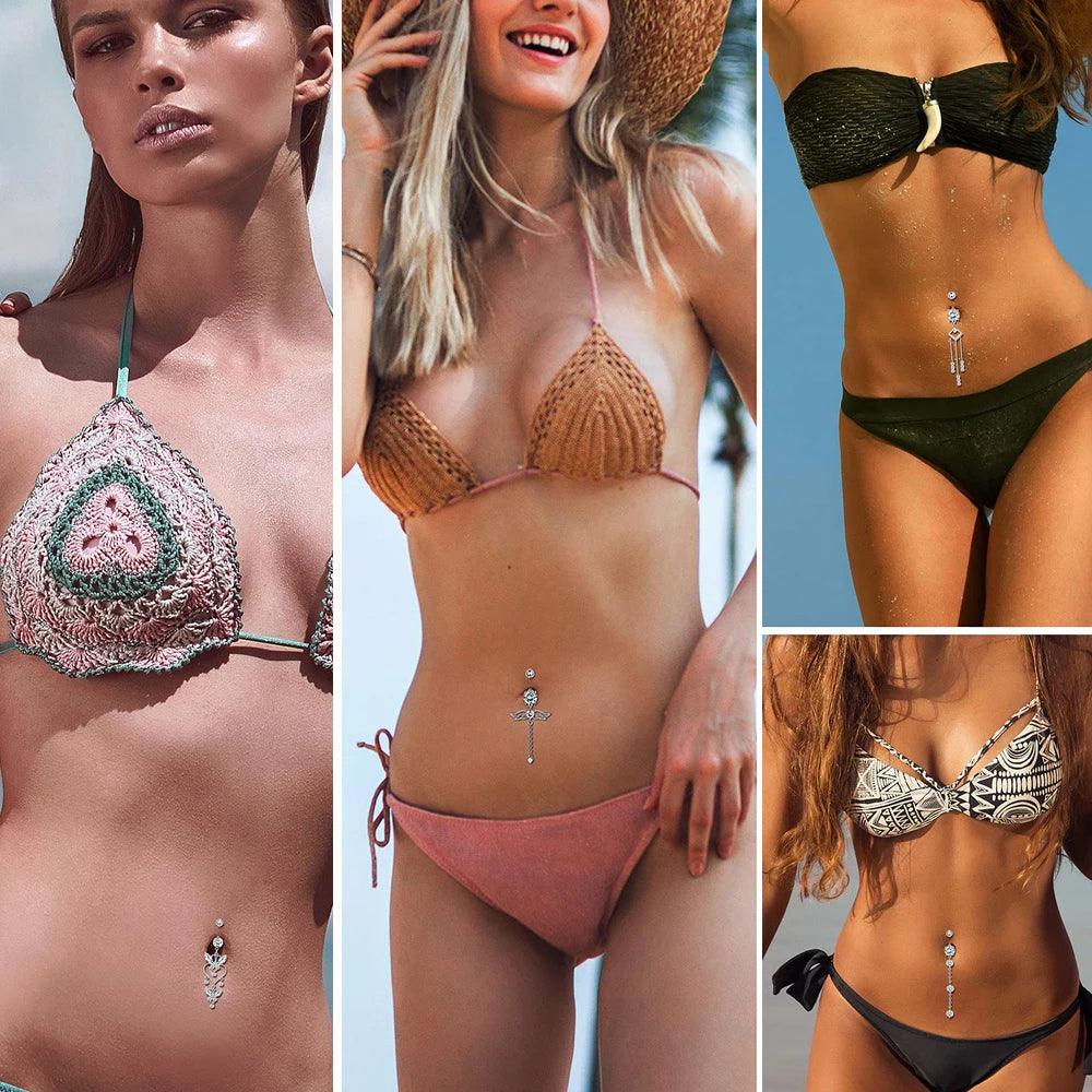 Zircon Crystal Belly Button Ring Dangle Wing Piercing Nombril Ombligo Surgical Steel Barbell Heart Round Navel Stud Body Jewelry