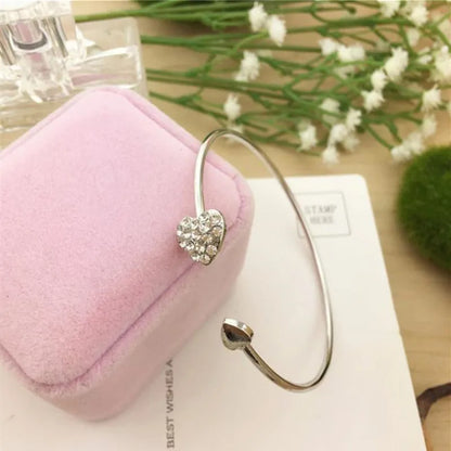 Woozu 2019 New Fashion Adjustable Crystal Double Heart Bow Bilezik Cuff Opening Bracelet For Women Jewelry Gift Mujer Pulseras Silver