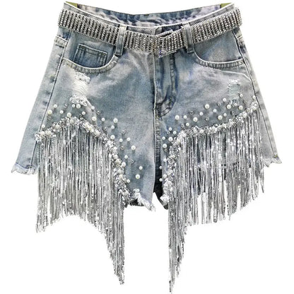 Summer Elegant Shorts Lady Tassel Beading High Waist Wide Leg Denim Shorts Female Casual Solid Shorts Jeans for Women Clothing
