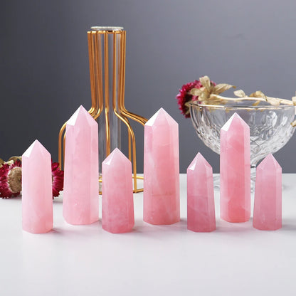Natural Pink Crystal Point Rose Quartz Crystal hexagonal prism ornament magic wand Healing Gemstone Crystal Tower Badiee Stylez