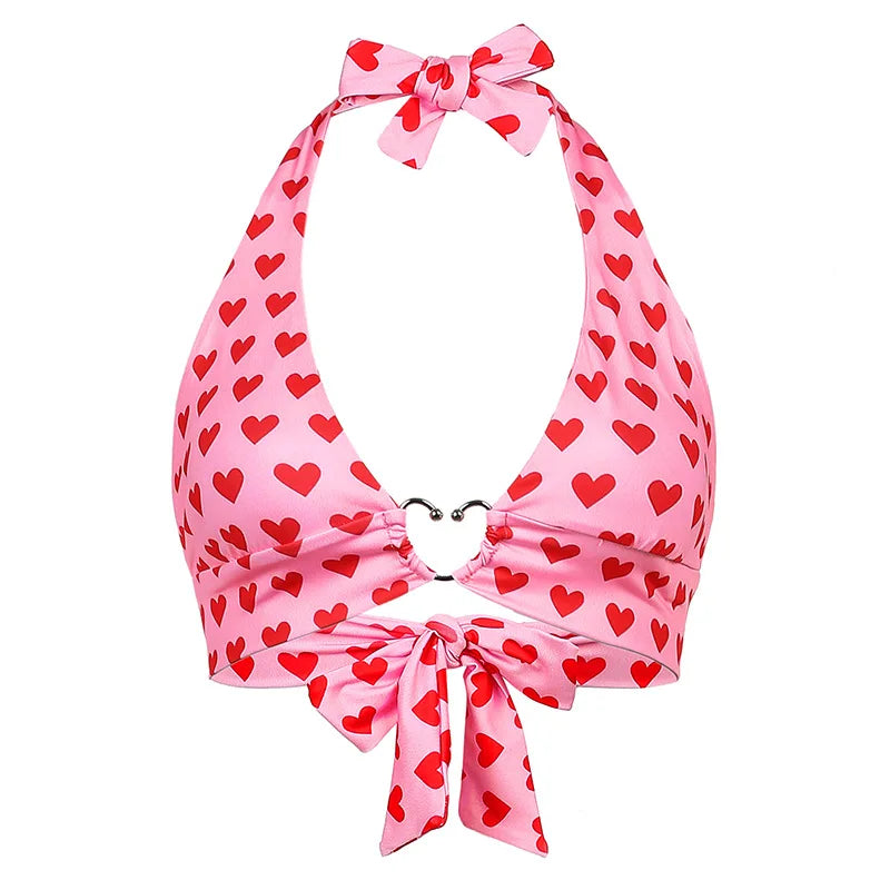 Pink Heart Print Cute Bustier Crop Top Women Aesthetic Kawaii Clothes Sleeveless Backless Lace Up Bralette Camisole Red