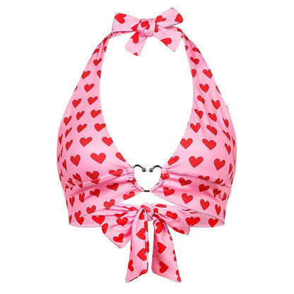 Pink Heart Print Cute Bustier Crop Top Women Aesthetic Kawaii Clothes Sleeveless Backless Lace Up Bralette Camisole Red