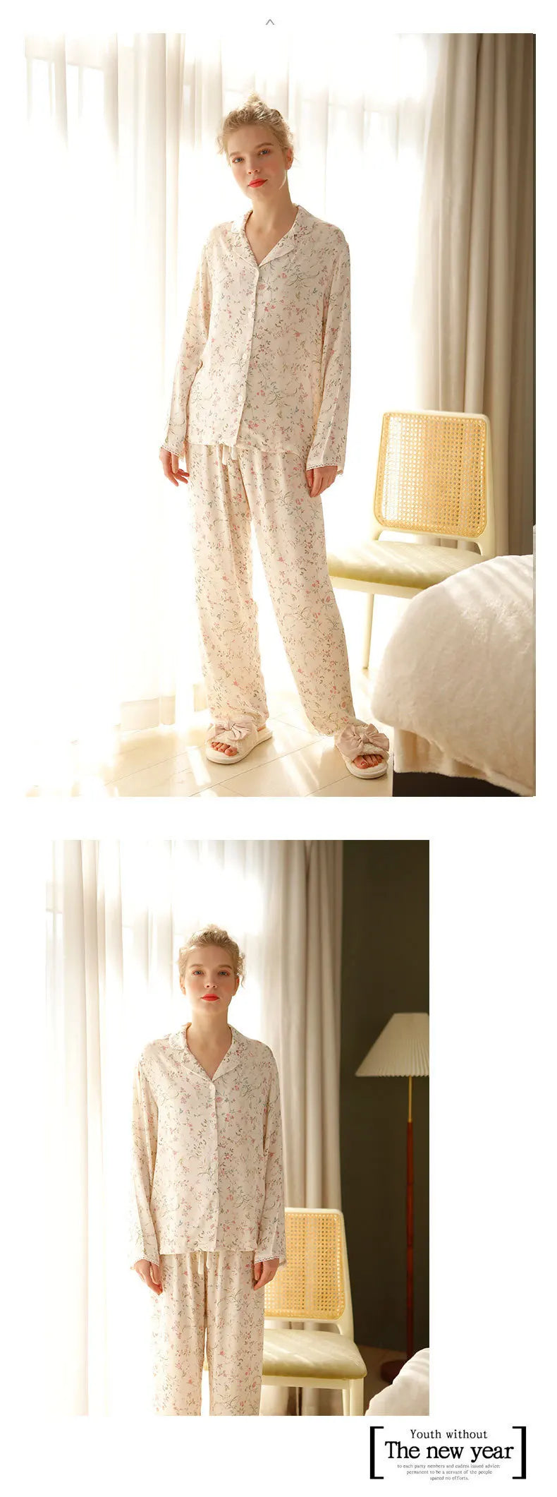 Pre-sale 2024 Spring Satin Pajamas Long Sleeve Viscose Sleepwear Willow Leaf Print Lounge Wear Two Piece Pijama Set Pijama Mujer