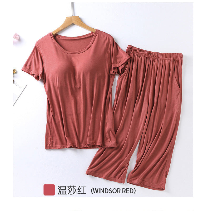 2025 summer new ladies modal pajamas two-piece suit with chest pad short-sleeved cropped trousers plus size home service set