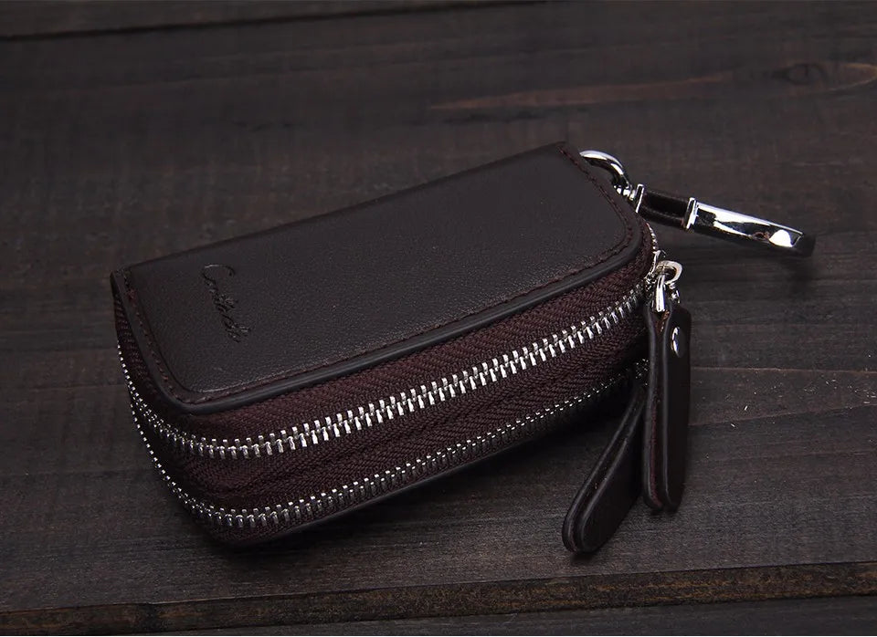 CONTACT'S Classic New Double Zip Men's Genuine Cow Leather Car Key Holder Multifunction Housekeeper High Class Motor Key Case