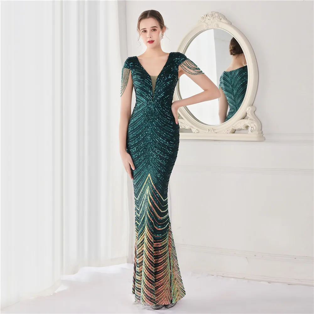 DEERVEADO Elegant V Neck Mermaid Evening Dress Long Luxury Beads Women Evening Party Dresses 2025 New Formal Dress 19085 Badiee Stylez