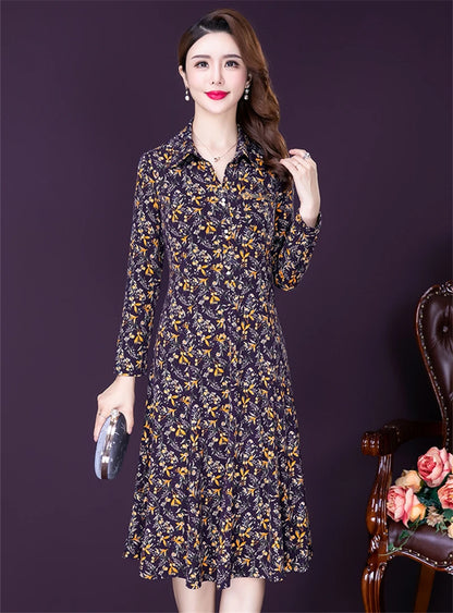 JiuMeiDai-Women's Elegant A-Line Polo Dress, Floral Print Robe, Vintage Designer Party Clothing, Office Lady, Autumn Badiee Stylez