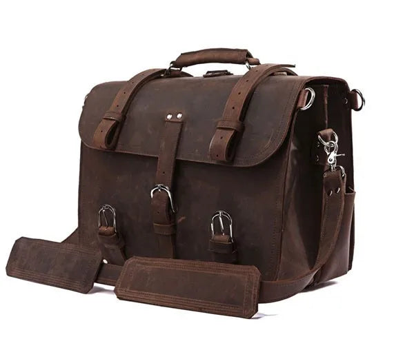 Vintage Crazy Horse Genuine Leather Men Briefcase Business Bag Large Leather Briefcase Male 15.6"Laptop Case Shoulder Bag office