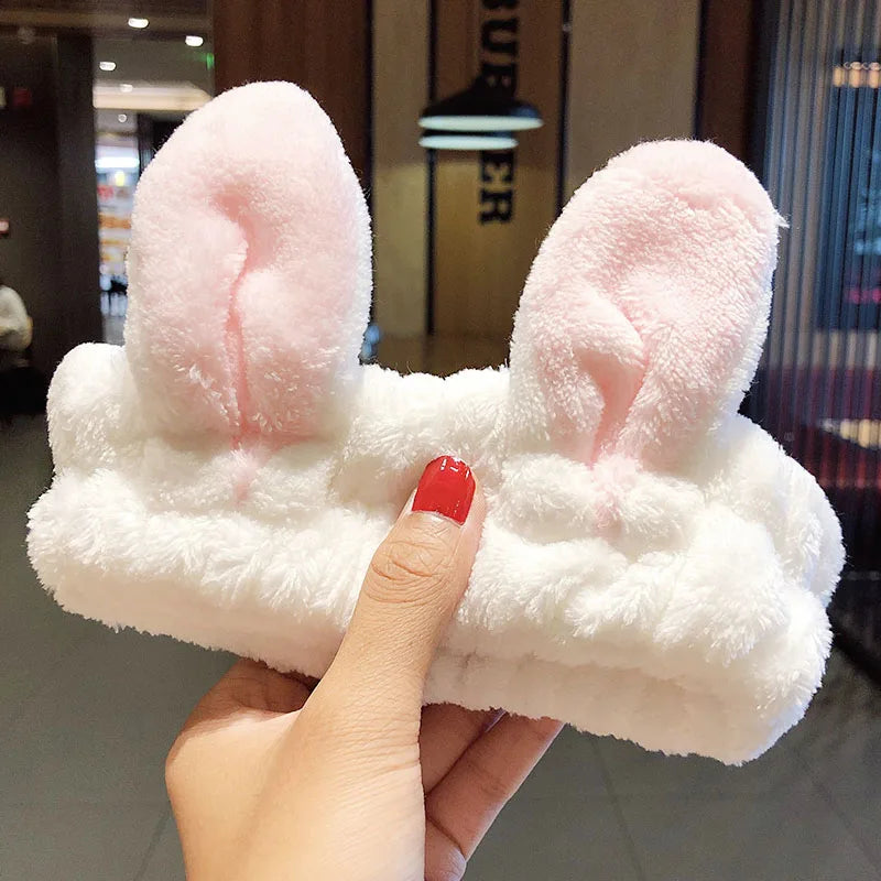 Wash Face Hair Holder Hairbands Soft Warm Coral Fleece Bow Animal Ears Headband For Women Girls Turban Fashion Hair Accessories white rabbit ears