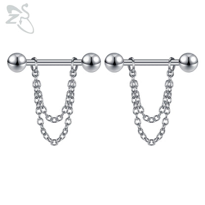 ZS 2 Pcs/lot Heart Crystal Nipple Piercings Men Women Tassel Drop Stainless Steel Nipple Ring Barbell Body Piercing Jewelry 14G Badiee Stylez