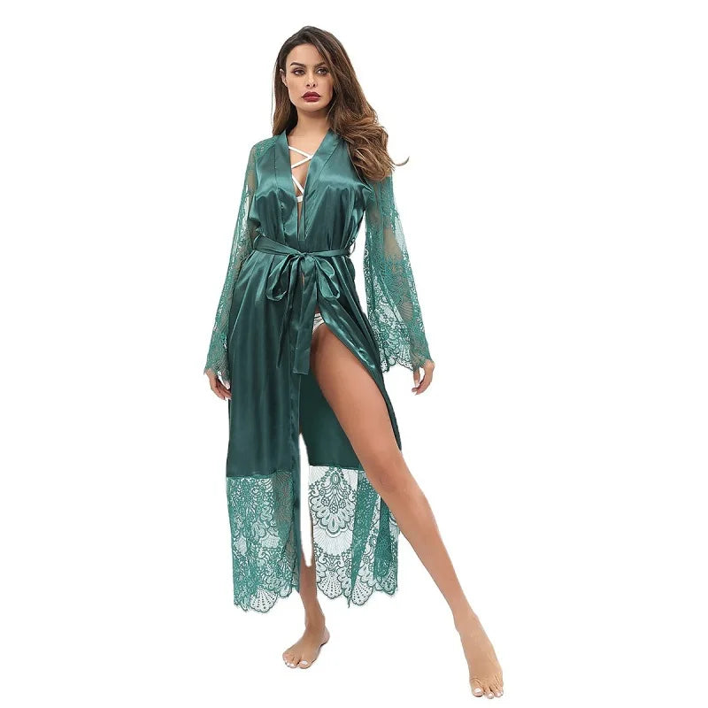 HNMCHIEF Women Pajamas Coat Robe Silky Women Floral Bathrobe Kimono Lace Sleep Robe Long Wedding Bridesmaid Silk Bride Summer Green