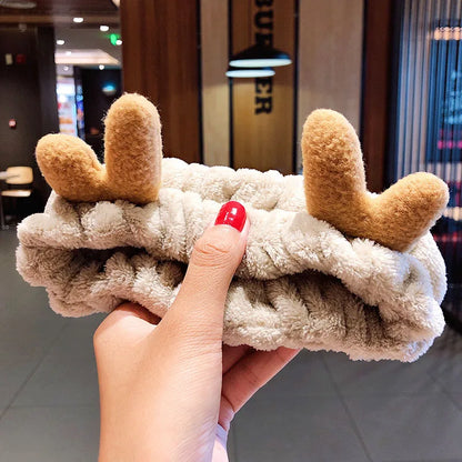 Wash Face Hair Holder Hairbands Soft Warm Coral Fleece Bow Animal Ears Headband For Women Girls Turban Fashion Hair Accessories gray antlers 1