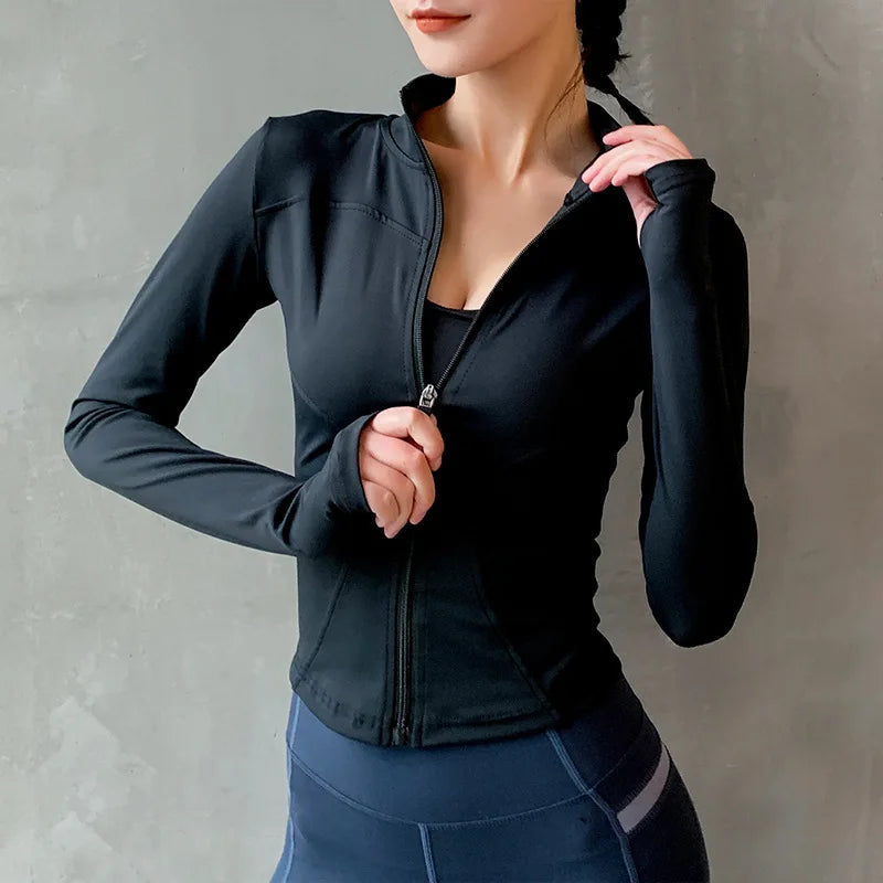 2024 Women Sport Jacket Zipper Yoga Coat Clothes Quick Dry Fitness Jacket Running Hoodies Thumb Hole Sportwear Gym Workout Top Black